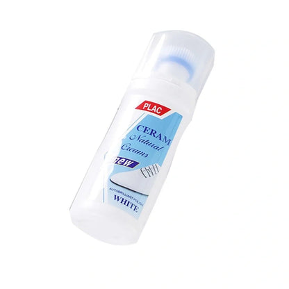 White liquid decontamination shoe cleaner bottle for stain removal and bacterial reduction on footwear