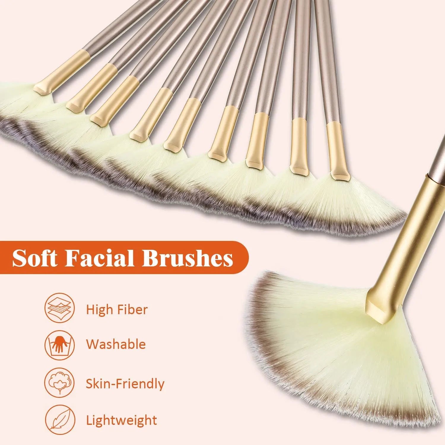 Ten soft fibre facial fan brushes with champagne finish acrylic handles and brush covers.