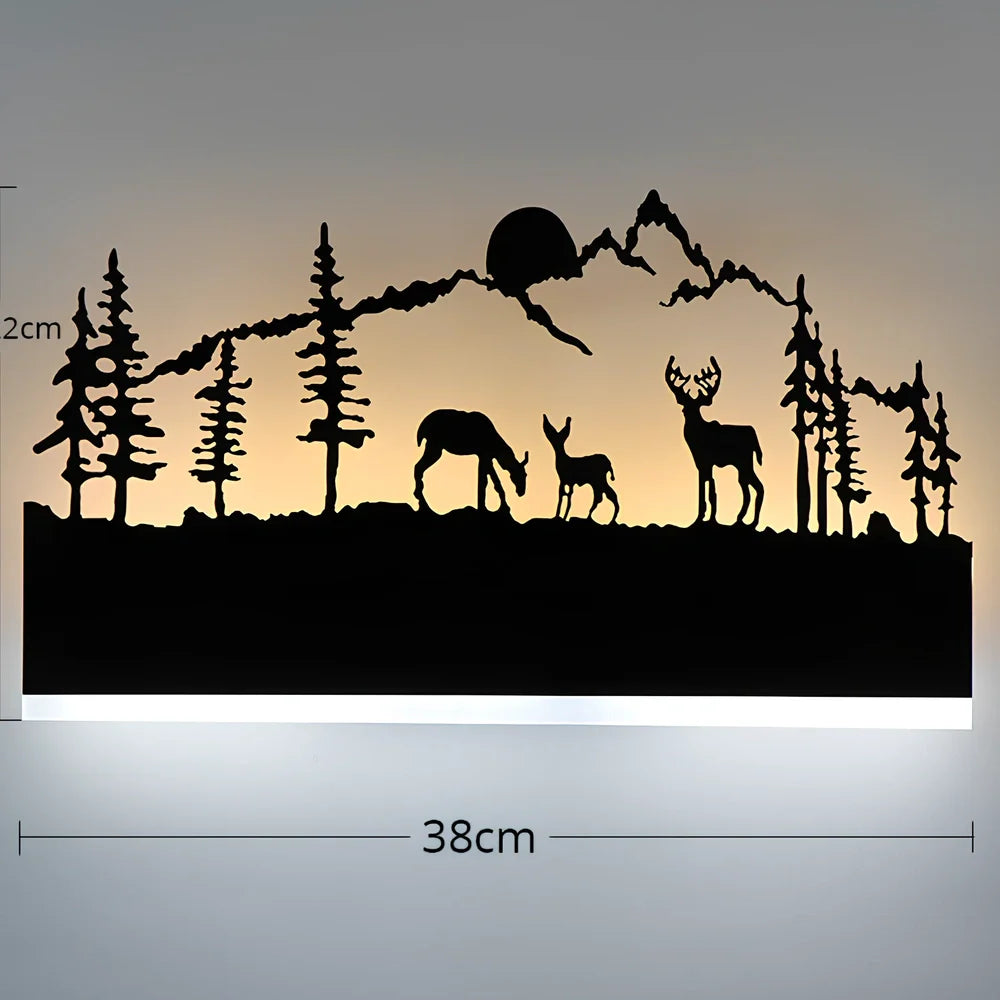 Black circular LED wall lamp with 38cm diameter and laser-cut acrylic design