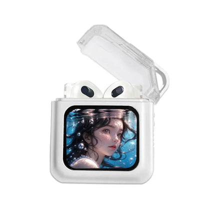 Grey and white Bluetooth headsets with colour display screens and in-ear design