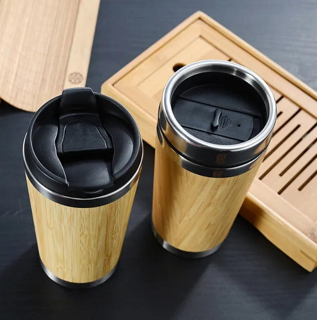 Natural bamboo coffee cup with double wall insulation, 420ml capacity, leak-proof lid and non-slip foam pad base