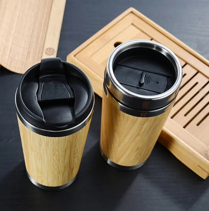 Natural bamboo coffee cup with double wall insulation, 420ml capacity, leak-proof lid and non-slip foam pad base