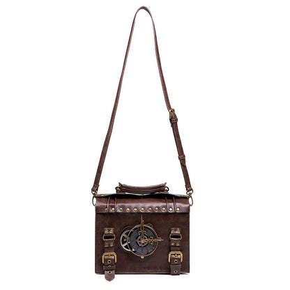 Bronze steampunk industrial retro style PU leather shoulder bag with metal details and a square pillow shape.