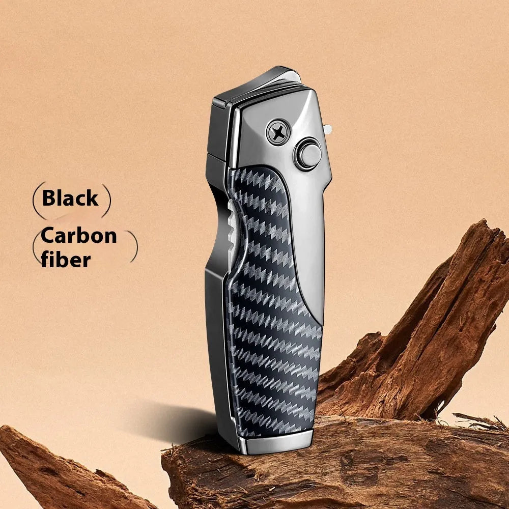 Metal folding lighter with integrated knife showing zinc alloy construction and safety lock mechanism