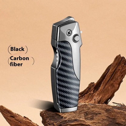 Metal folding lighter with integrated knife showing zinc alloy construction and safety lock mechanism