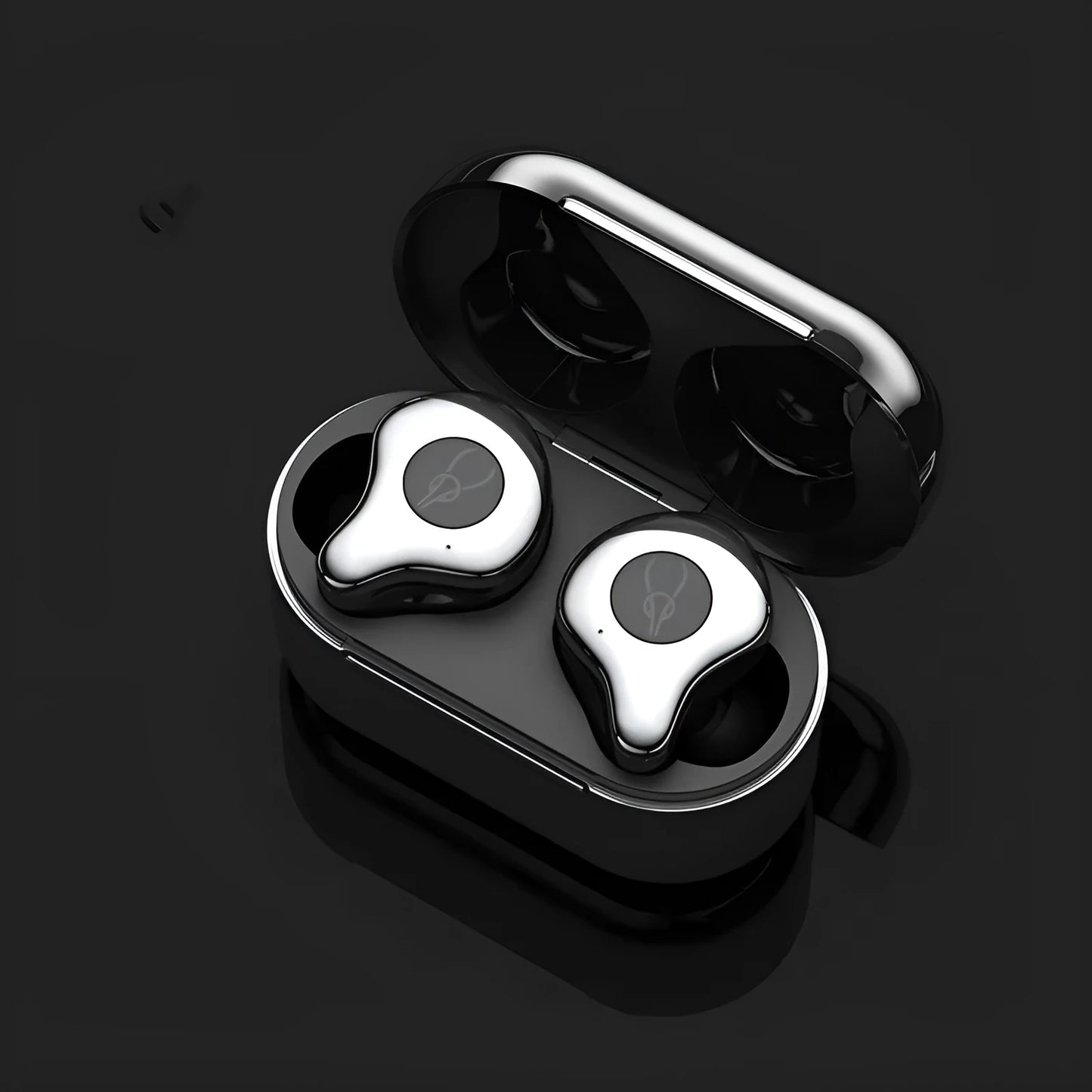 Coffee-coloured true wireless Bluetooth earbuds sitting in an open charging case on a wooden table.