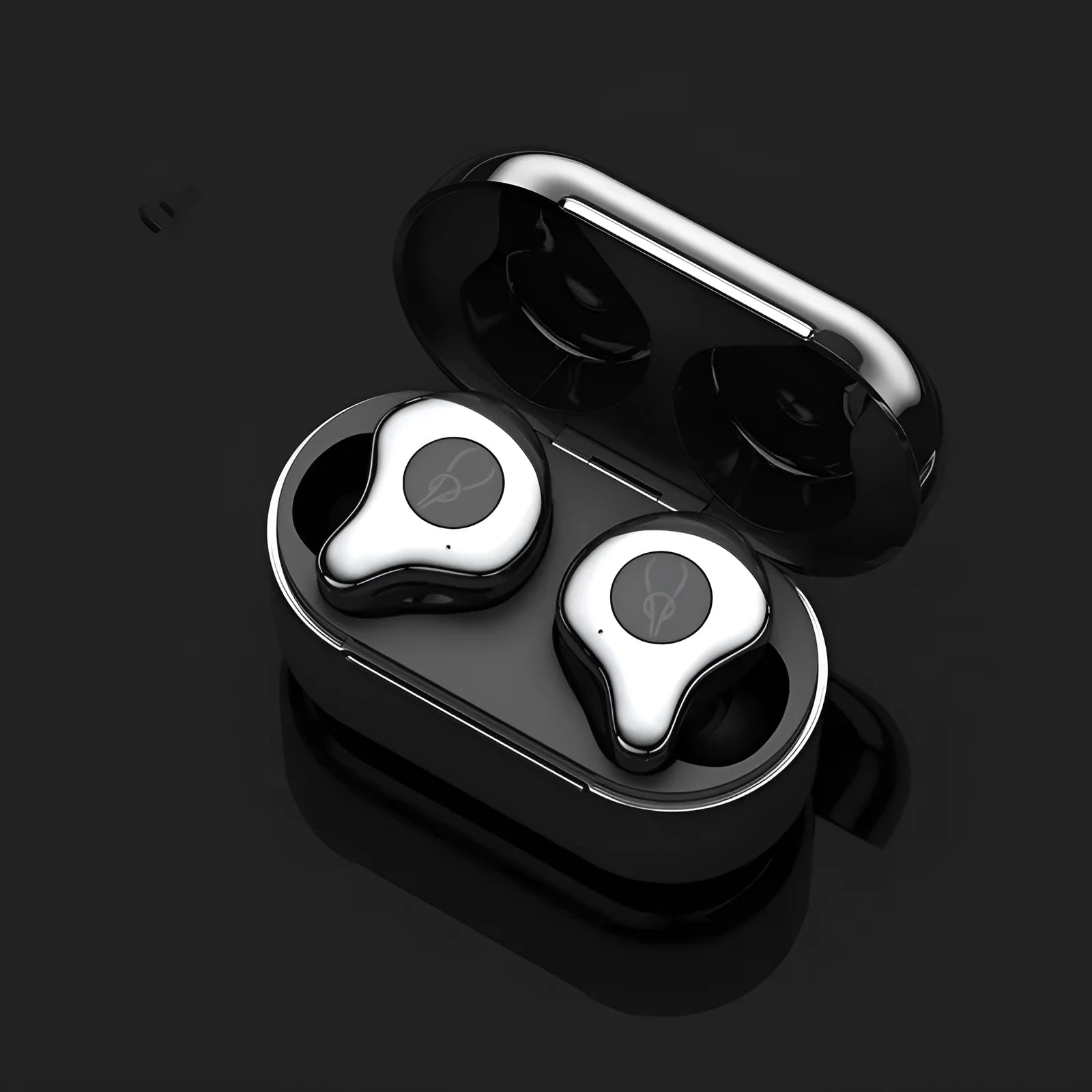 Coffee-coloured true wireless Bluetooth earbuds sitting in an open charging case on a wooden table.