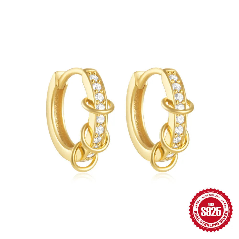 Sterling silver geometric stud earrings with small round diamond accents in gold or silver finish