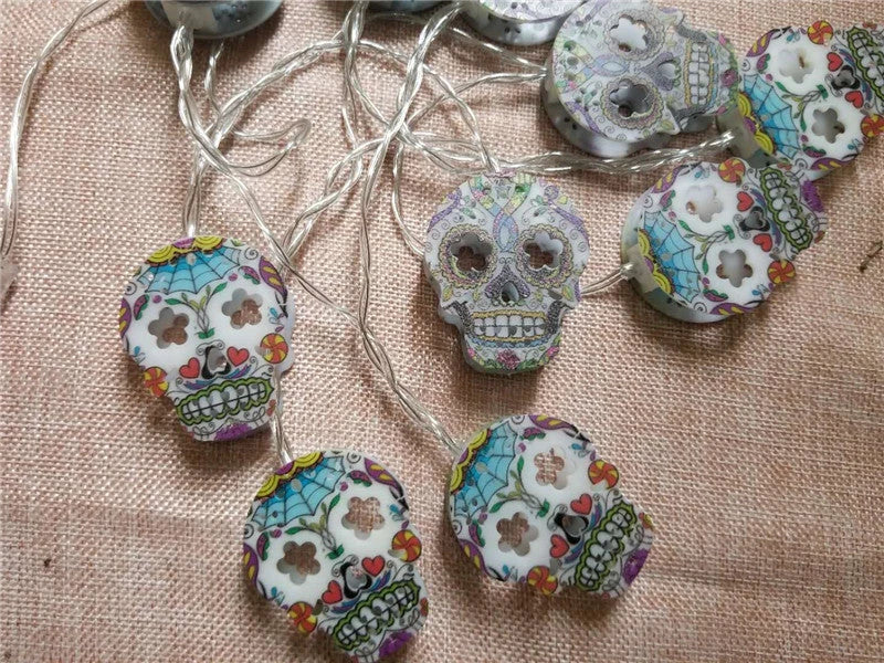 Halloween Skull LED Light Strings with warm white illumination and a spooky, haunting atmosphere