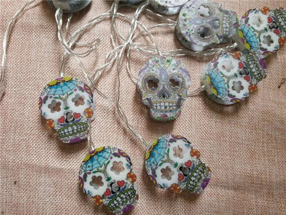Halloween Skull LED Light Strings with warm white illumination and a spooky, haunting atmosphere