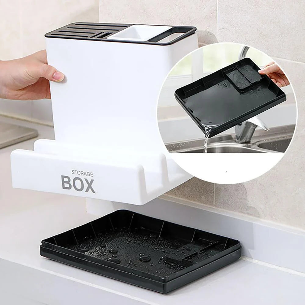 A white, multipurpose kitchen organizer with integrated shelves for storing and organizing tableware, utensils, and other kitchen essentials.