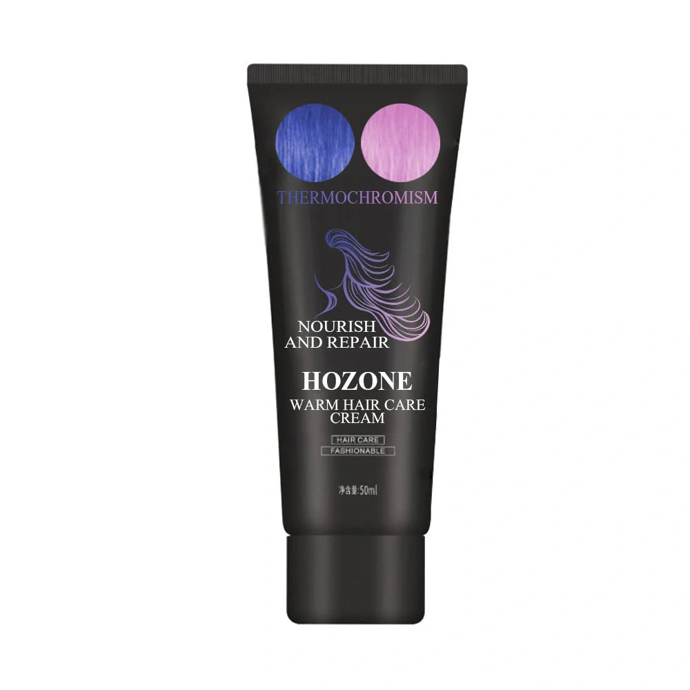 Thermochromic hair dye cream that changes color at 18°C, available in green yellow and black silver