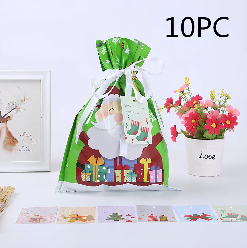 Christmas gift bag with drawstring closure in laser gold finish, 32x24cm dimensions