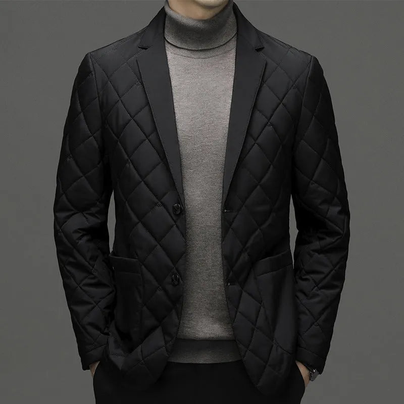 Men's lapel down jacket in black, shrimp blue, or dark grey with side seam pockets for winter wear