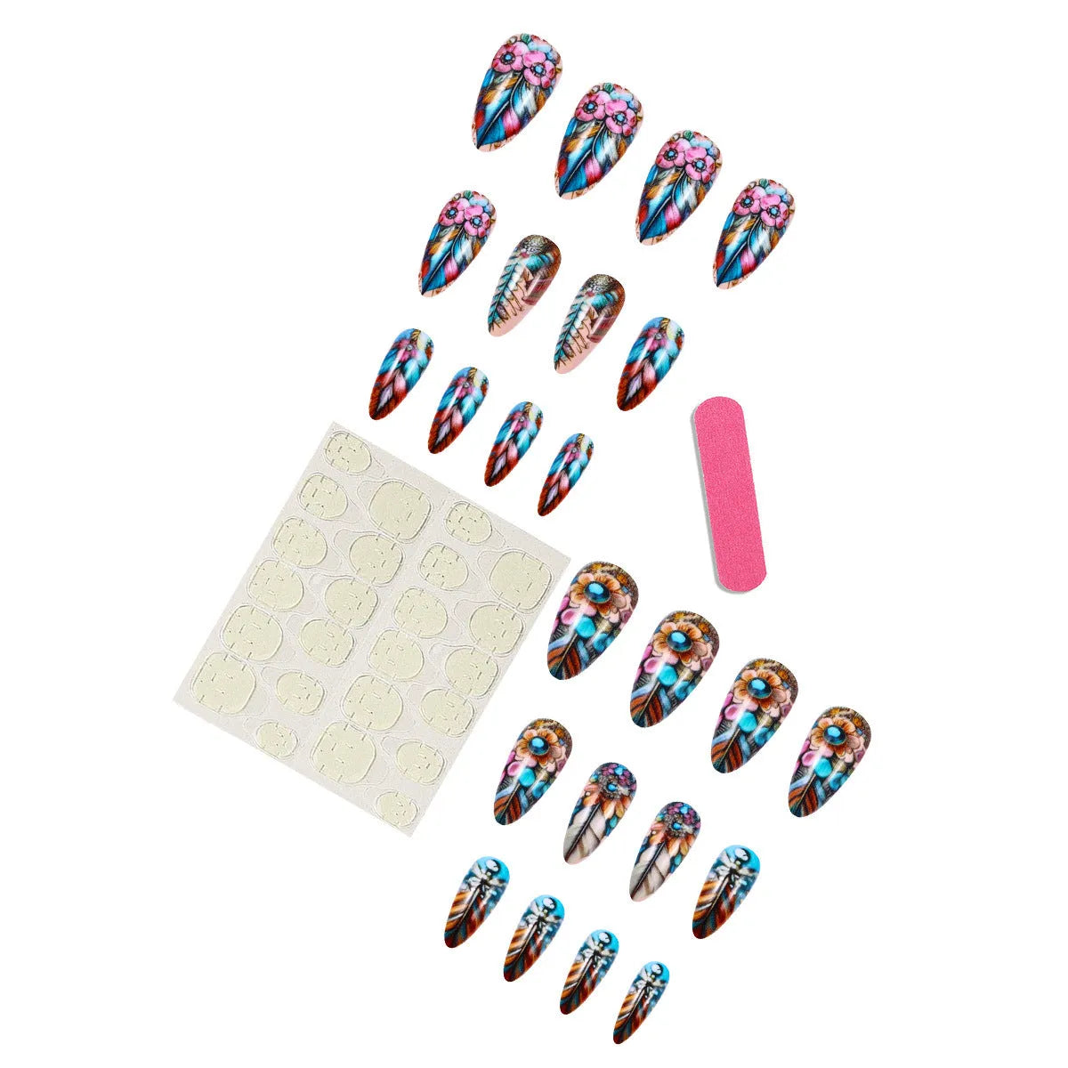 Retro style nail art decals featuring colourful feather armour designs with cartoon, flower, love, butterfly, and cross heart patterns.
