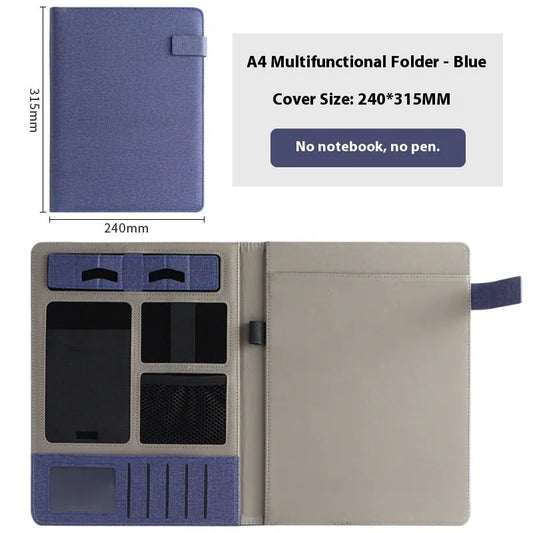 Leather A4 business folder showing 35mm thickness and 325x250mm dimensions with optional pen and notepad accessories