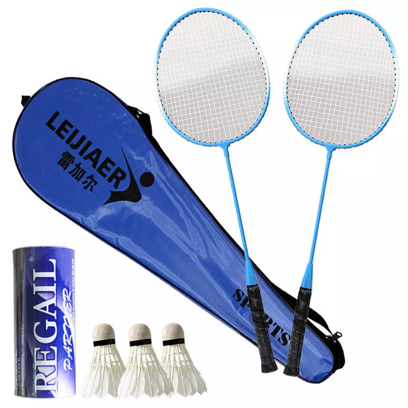 Beginner badminton racket set with iron frame and cover pocket in blue, pink, or red
