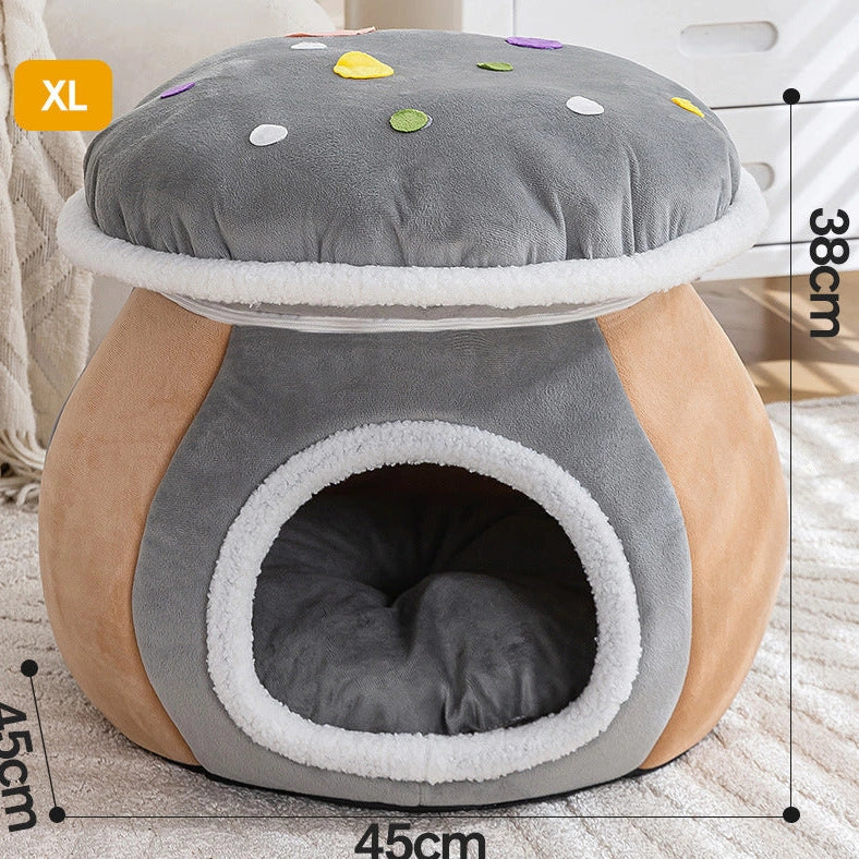Grey mushroom-shaped cat bed with detachable thermal blanket showing 2.5cm thick plush interior