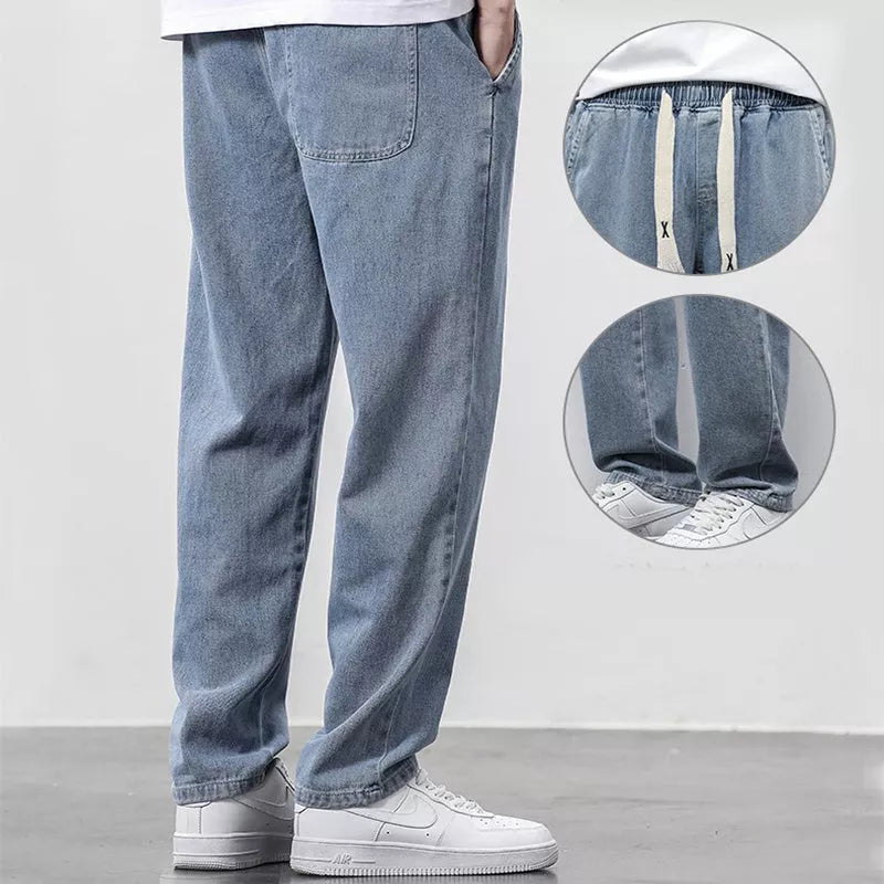 Men's summer loose wide-leg jeans with drawstring elastic waist in various colors