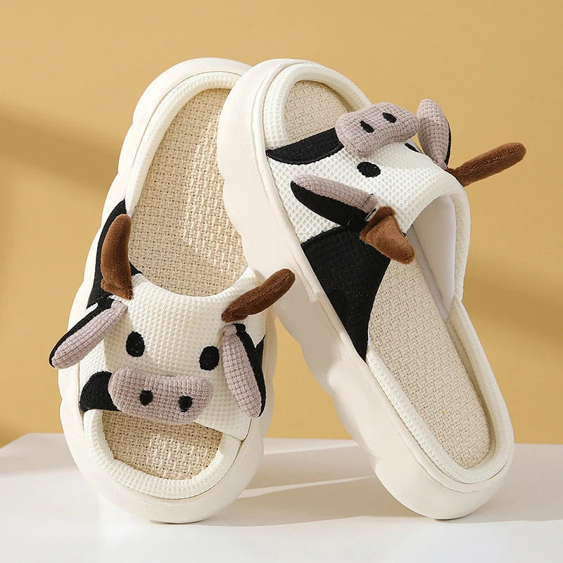 Cartoon Cow Frog Slippers with non-slip soles and linen uppers