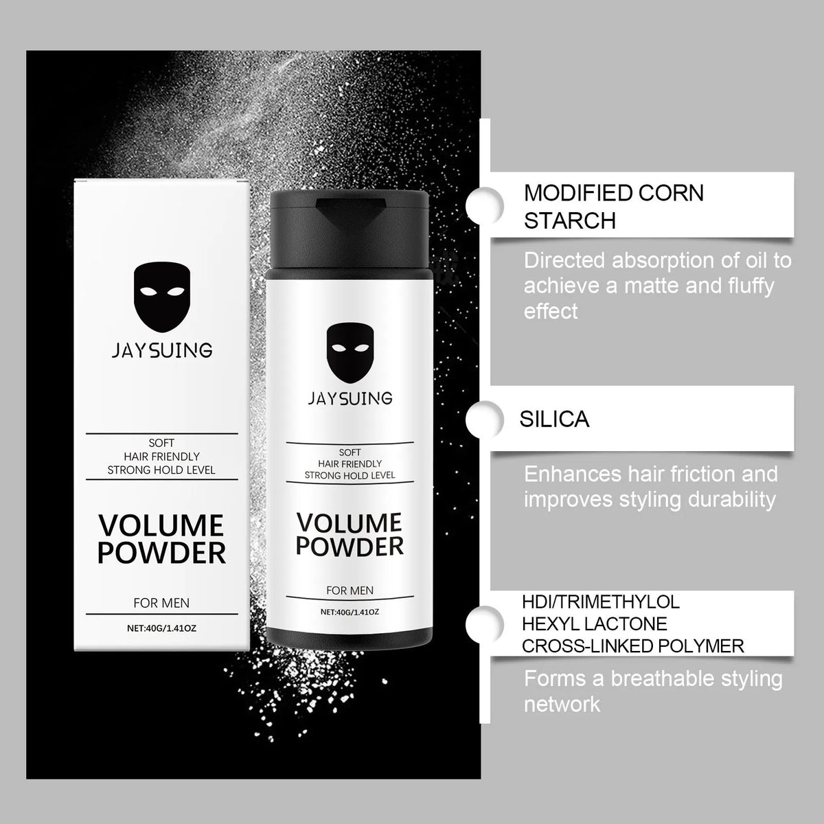 40g container of dense hair shaping powder for volumising and texturising hair