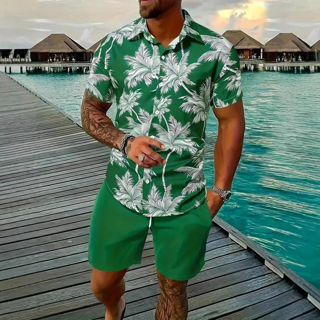 Men's Hawaii 3D printed short sleeve suit with textured patterns on polyester fabric