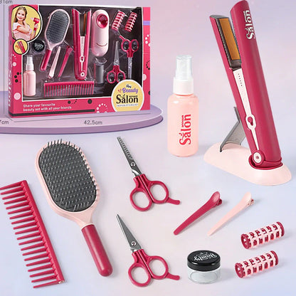 Children's plastic hair salon toy set with hair dryer and curler pieces for role-play