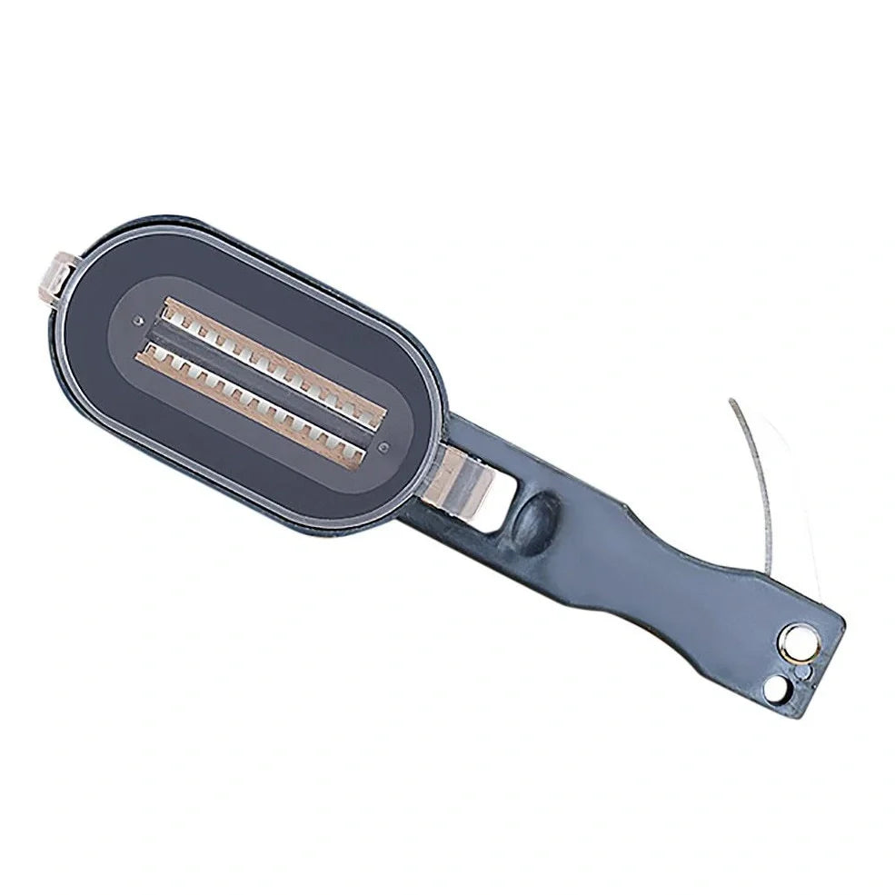 Black ABS fish scale remover scraper with stainless steel blade, 20 cm long, including scale slot and hanging hole for kitchen use