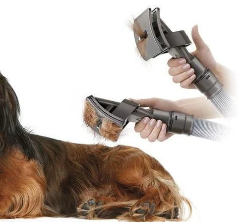 Deep grey pet grooming brush tool with vacuum cleaner attachment measuring 17x10cm