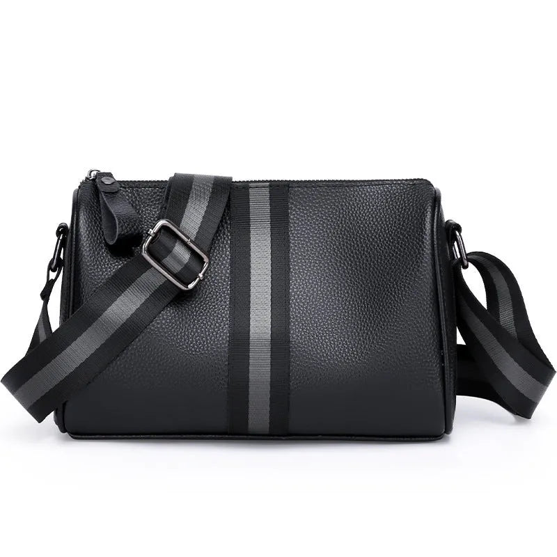 Black genuine leather one-shoulder crossbody bag with dimensions 24cm wide by 16cm high.