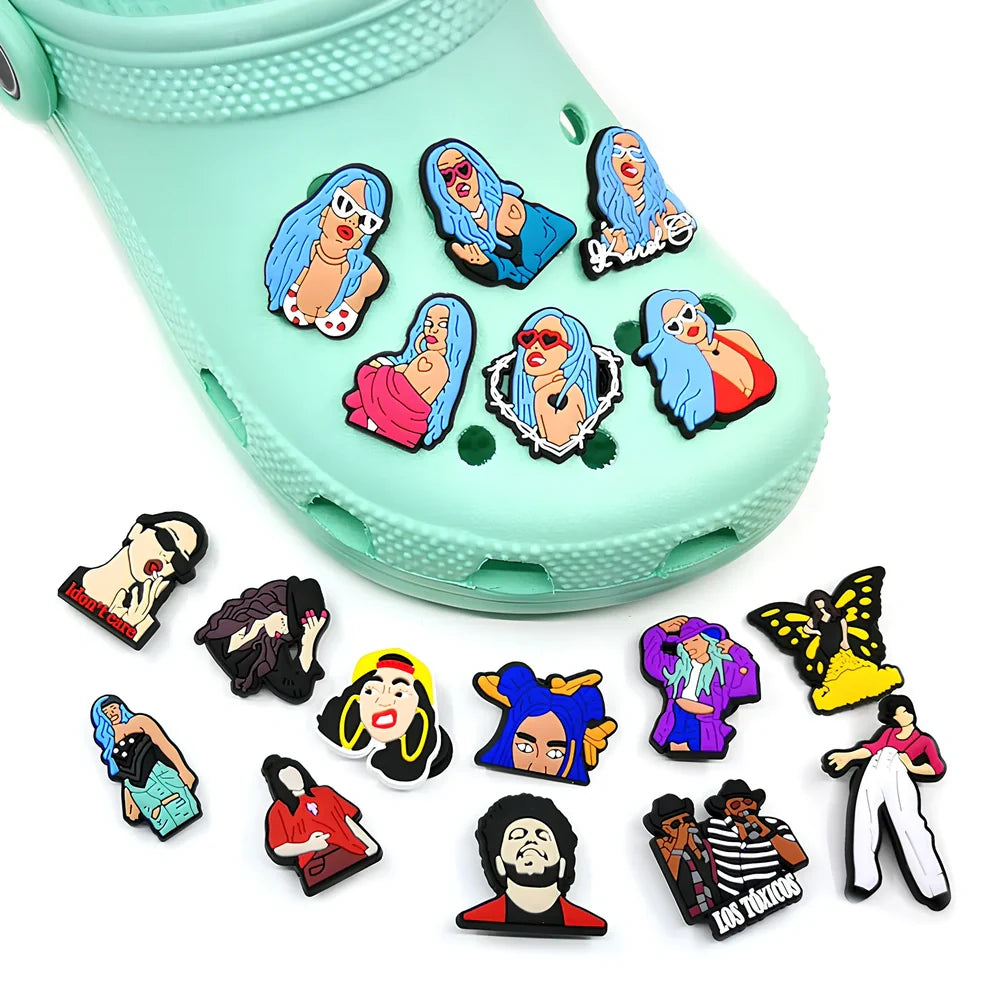 Removable cartoon flower shoe stickers with drip moulded designs on footwear