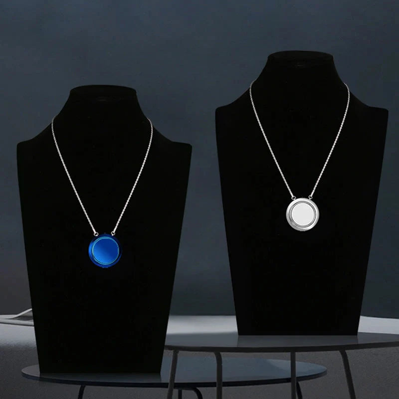 Portable negative ion air purifier necklace in blue, white, and silver