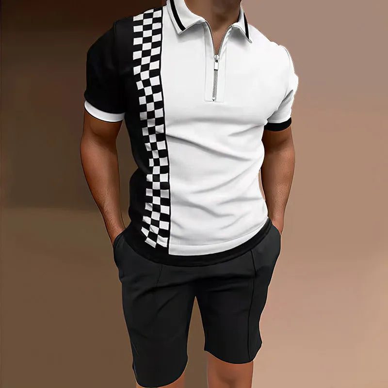 Men's casual printed two-piece set with short sleeve top and matching shorts