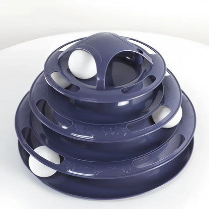 Circular tower track cat toy with rolling ball in blue and white colour option