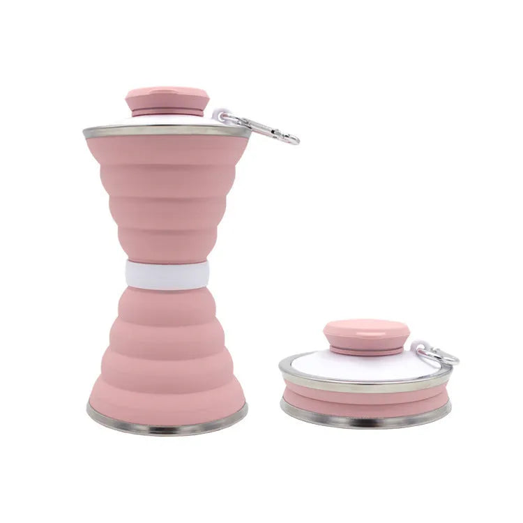 Collapsed and expanded states of a 500ml silicone water bottle with hook and hand rope.