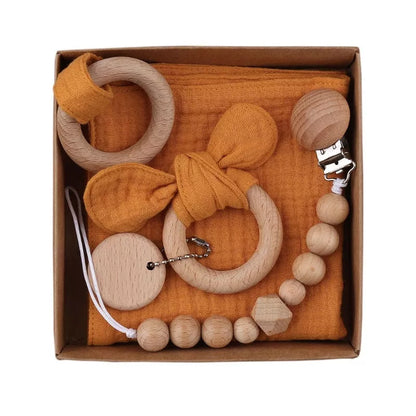 Natural cotton baby bath toy set with wooden rattle and comfort towel
