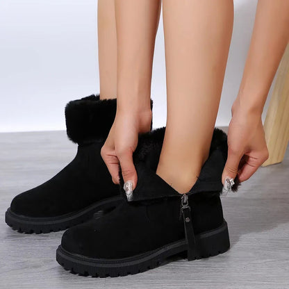 Cozy plush winter boots with side zipper closure, rubber sole, and suede upper in beige and black colors