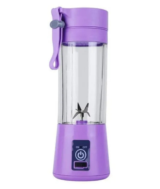Pink portable USB electric fruit juicer blender cup with stainless steel blade and carry handle.
