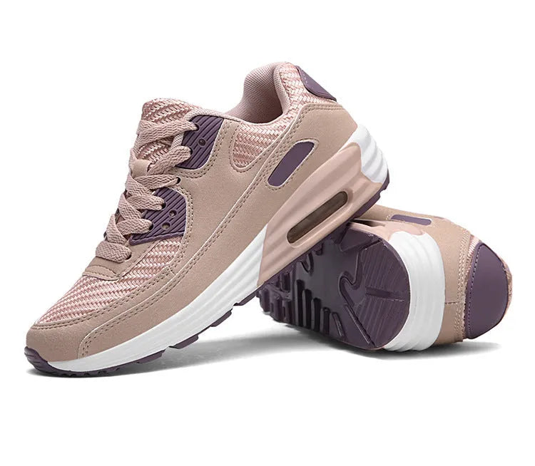 Women's casual shoes with a low heel in beige orange, grey, and pink purple colour options.