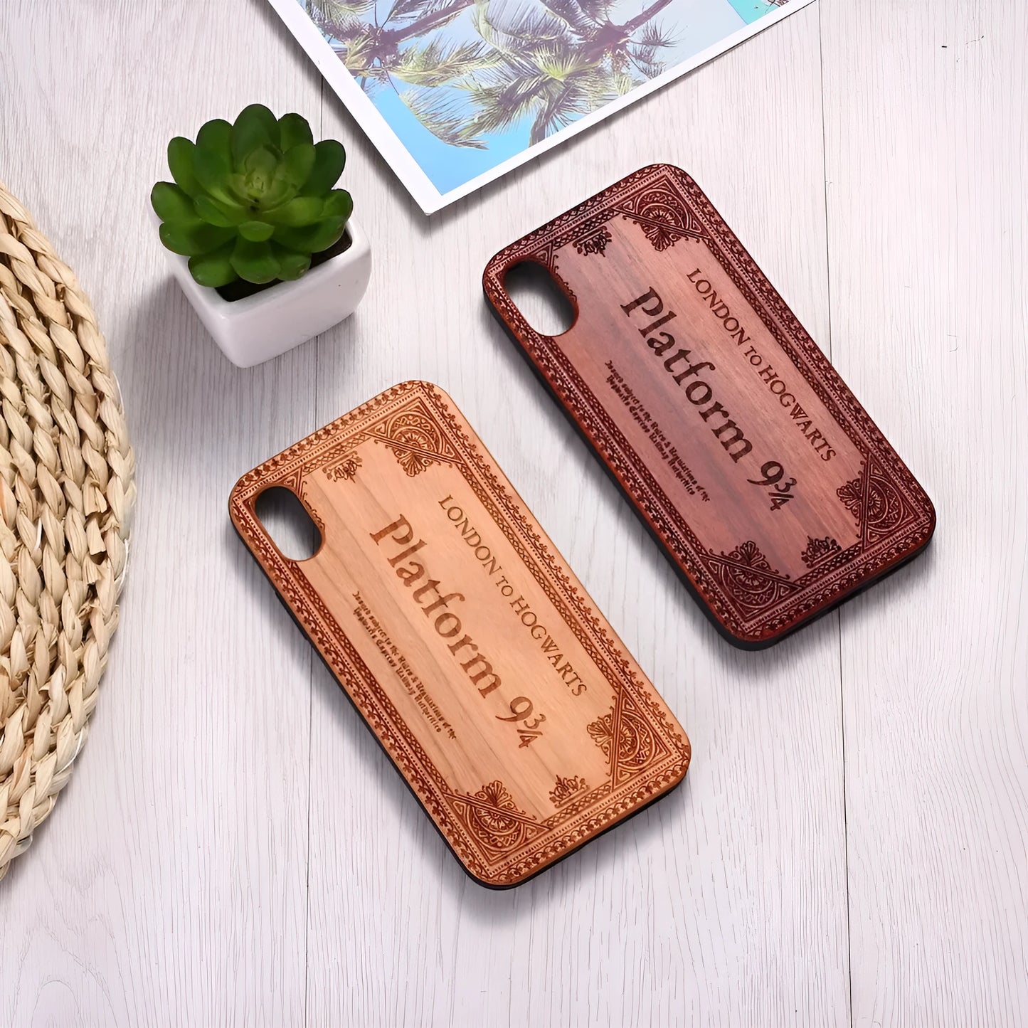 Wooden iPhone case with a laser-carved floral design and a black TPU bumper, shown fitted on an iPhone.