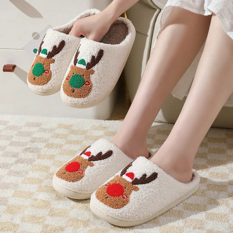 Cozy elk-themed slippers with plush suede uppers and supportive EVA soles in a variety of dreamy colors