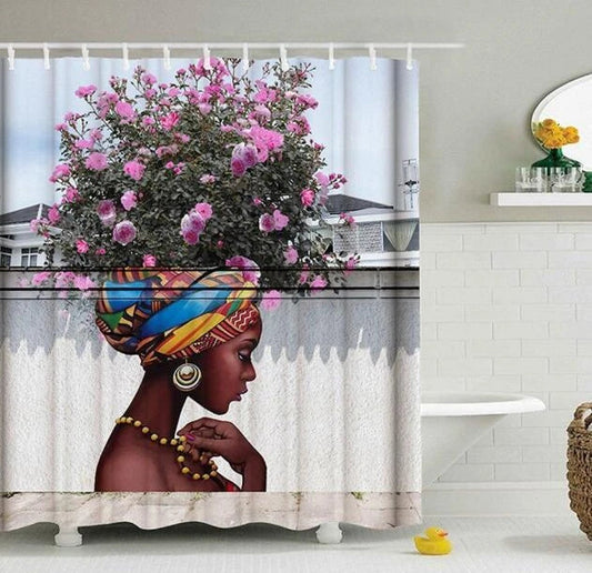 Colorful African graffiti-style shower curtain with stylish African girl and modern city skyline