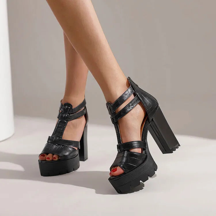 Women's Platform High Heel Sandals with Back Zipper Closure, Round Toe Casual Everyday Sandals in PU Leather Available in Black, Wine Red, and Yellow in UK Sizes 34 to 42 with Rubber Sole