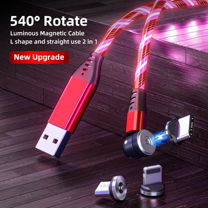 540 Rotate Luminous Magnetic Cable with LED flowing light design for fast charging
