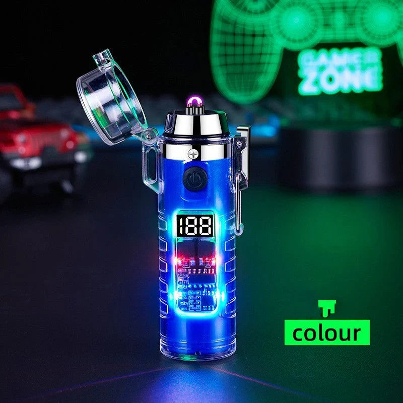 Transparent shell dual arc USB charging lighter with waterproof LED light in various colors