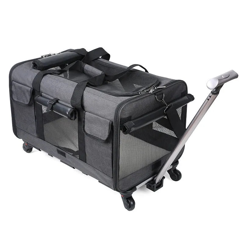 Foldable Oxford fabric pet trolley bag, 17.50kg load rating, shown in solid beige, blue, dark grey, grey and pink