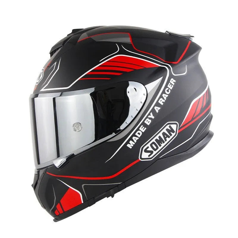 Motorcycle full face helmet with double lens in ABS construction showing colour variant options