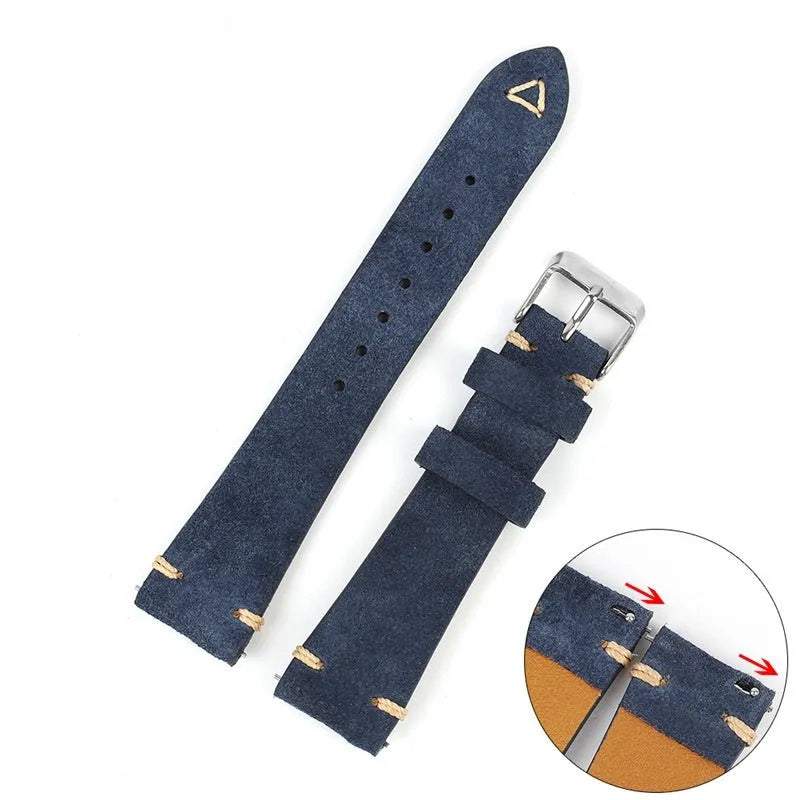 Suede leather watch strap in brown, blue, gray, or Army Green with 20mm or 22mm width options