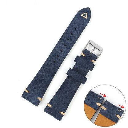 Suede leather watch strap in brown, blue, gray, or Army Green with 20mm or 22mm width options