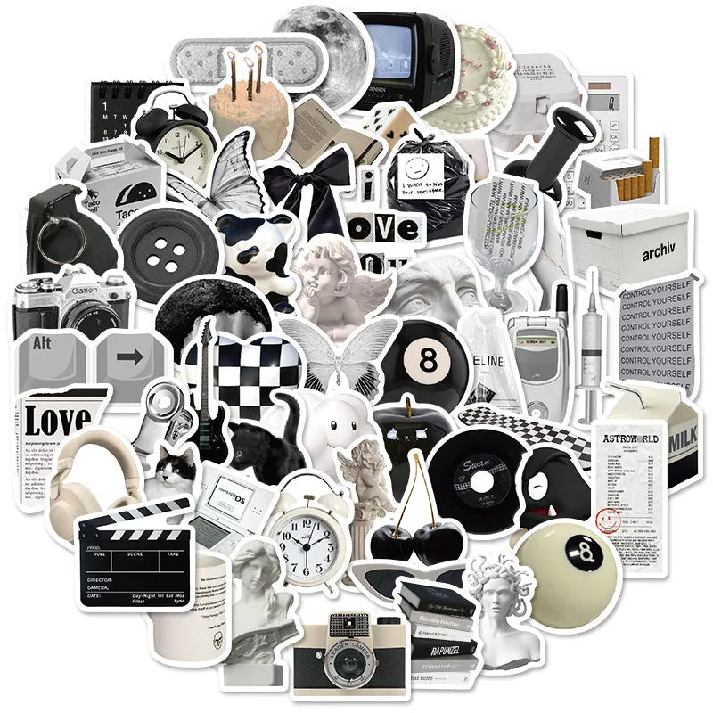 Black and white PVC sticker collection with 61 pieces for laptop and device customisation and protection